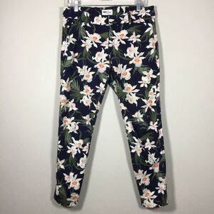 Navy exotic flower leaf print stretchy jeans pants waist 33” inner leg 26 1/2”